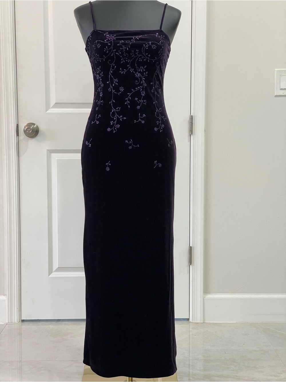 Vintage 90s Whimsigoth Status Collection Purple Velvet Beaded Maxi Dress Small